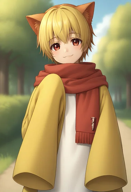 score_9, score_8_up, source_anime, highly detailed, cute,
sakuteru, solo, 1boy, male focus, blonde hair, animal ears, red eyes, scarf, :3, cat ears, smile, sleeves past wrists,
outdoor,