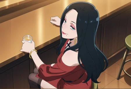 anime screencap, anime coloring, 1girl, long hair, black hair, green eyes, mole under mouth, eyeshadow, lipstick, hoop earrings, red dress, night dress, gleaming dress, criss-cross halter, bracelet, jewelry, side slit, sitting, indoors, bar, stool, finger on cup, crystap cup, looking at viewer, half-closed eyes, seductive smile, thighhighs, <lora:makoto_illegals:1>, masterpiece, best quality, amazing quality, very aesthetic, absurdres, highres, newest