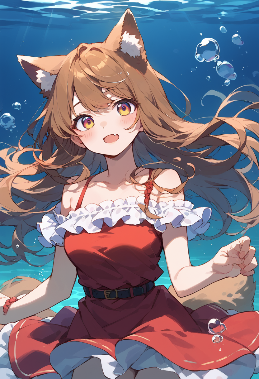 score_9,score_8_up,score_7_up,source_anime,zPDXL,
*//*,1girl,short stature,(twenties female:0.6),medium breasts,skin fang,
(brown hair:1.2),(straight hair, long hair:1.3),lovely big eyes,wolf ears,wolf tail,bare shoulders,human hands,
red sleeveless,(red tank dress:1.2),clavicle,shoulder strap,white frills,
*//*,underwater,<lora:underwater_pony_V1.0:0.6>,