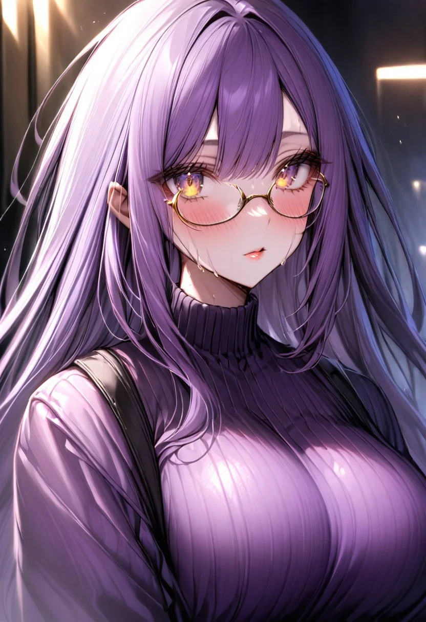 [[Lydia]]
beautiful face, glasses, soft skin, lightly made-up soft lips
purple Hair (((purple Long hair 1.6)))
(((golden eyes 1.6))) golden Sparkling eyes
((Big Detailed beautiful eyes))
((ultra detailed Art))
beautiful eyes in love
glowing skin, sweaty skin 
Perfect line guidance 
Clean, sharp edges
1woman, solo, eyeliner, gorgeous lips, medium big breast