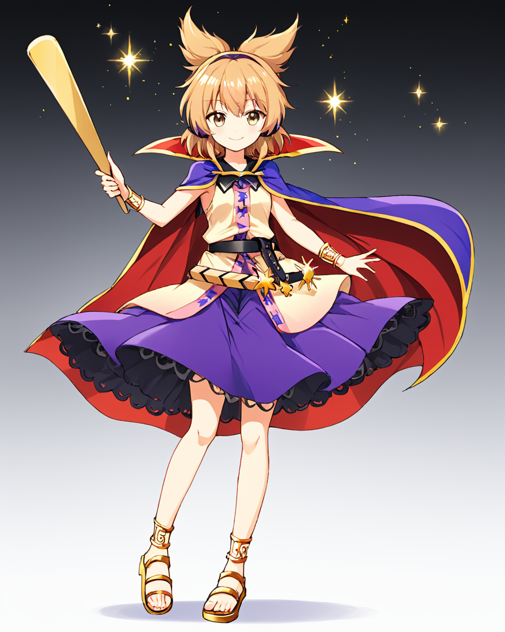 toyosatomimi no miko,1girl, solo, smile, purple_skirt, earmuffs, white_background, bracelet, simple_background, full_body, closed_mouth, looking_at_viewer, holding, sleeveless_shirt, blouse, belt, ritual_baton, sword, sparkle, purple_cape, blush, sandals, anklet, standing_on_one_leg, sheath, gold
<lora:toyosatomimi_no_miko_image4798_2023-12-20-000009:1>,star-shaped_pupils,symbol-shaped_pupils,. gorgeous,key visual, vibrant, studio anime,award-winning, professional, highly detailed,high budget, cinemascope