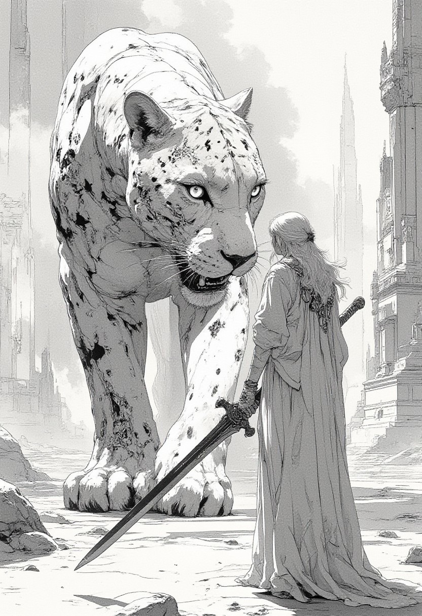 A digital drawing in a stylized, semi-realistic art style features an adult woman and a large, imposing white panther. The woman, standing on the right side, has long, flowing white hair cascading down her back. She is dressed in a long, white, flowing robe with intricate black patterns, and she wears white gloves with subtle black details. In her right hand, she holds a long, black, ornate sword, its sharp edge gleaming against the pale tones. The white panther, positioned on the left, dominates the scene with its massive size and intense presence. Its sleek white fur contrasts with intricate black fractal lines and dots forming a mesmerizing parametric design across its body. Its eyes glow a deep black, exuding an enigmatic aura. The panther’s mouth is slightly open, revealing sharp fangs as it snarls, tension crackling between the two figures. The background consists of grand white architectural elements, including towering buildings, ornate fountains, dunes, and jagged rock formations, all blending seamlessly into the white surroundings. These structures appear sculpted from pure light, their intricate details softened by the monochrome palette. The ground is also white, mirroring the ethereal background, enhancing the surreal and dramatic atmosphere.