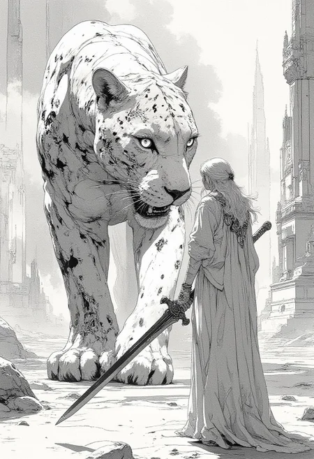 A digital drawing in a stylized, semi-realistic art style features an adult woman and a large, imposing white panther. The woman, standing on the right side, has long, flowing white hair cascading down her back. She is dressed in a long, white, flowing robe with intricate black patterns, and she wears white gloves with subtle black details. In her right hand, she holds a long, black, ornate sword, its sharp edge gleaming against the pale tones. The white panther, positioned on the left, dominates the scene with its massive size and intense presence. Its sleek white fur contrasts with intricate black fractal lines and dots forming a mesmerizing parametric design across its body. Its eyes glow a deep black, exuding an enigmatic aura. The panther’s mouth is slightly open, revealing sharp fangs as it snarls, tension crackling between the two figures. The background consists of grand white architectural elements, including towering buildings, ornate fountains, dunes, and jagged rock formations, all blending seamlessly into the white surroundings. These structures appear sculpted from pure light, their intricate details softened by the monochrome palette. The ground is also white, mirroring the ethereal background, enhancing the surreal and dramatic atmosphere.