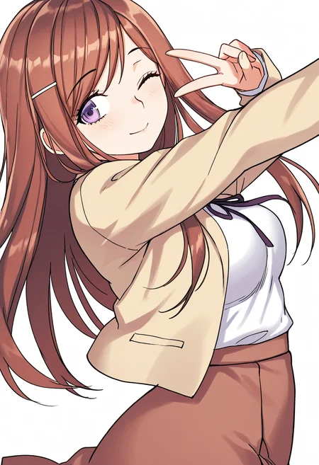 Smooth Quality,masterpiece,very intricate, high quality details, ultra realistic, high detailed skin,detailed enviorement,absurdres,
simple background, white background, dancing,skindentation, solo,from side,v,
<lora:Dasom_Lee_CNR:0.8> dasom_cnr, 1girl, brown hair, long hair, bangs, purple eyes,hairclip,dasom_def_cnr,school uniform, shirt, long sleeves, jacket,brown skirt, neck ribbon,, one eye closed,, uwu,