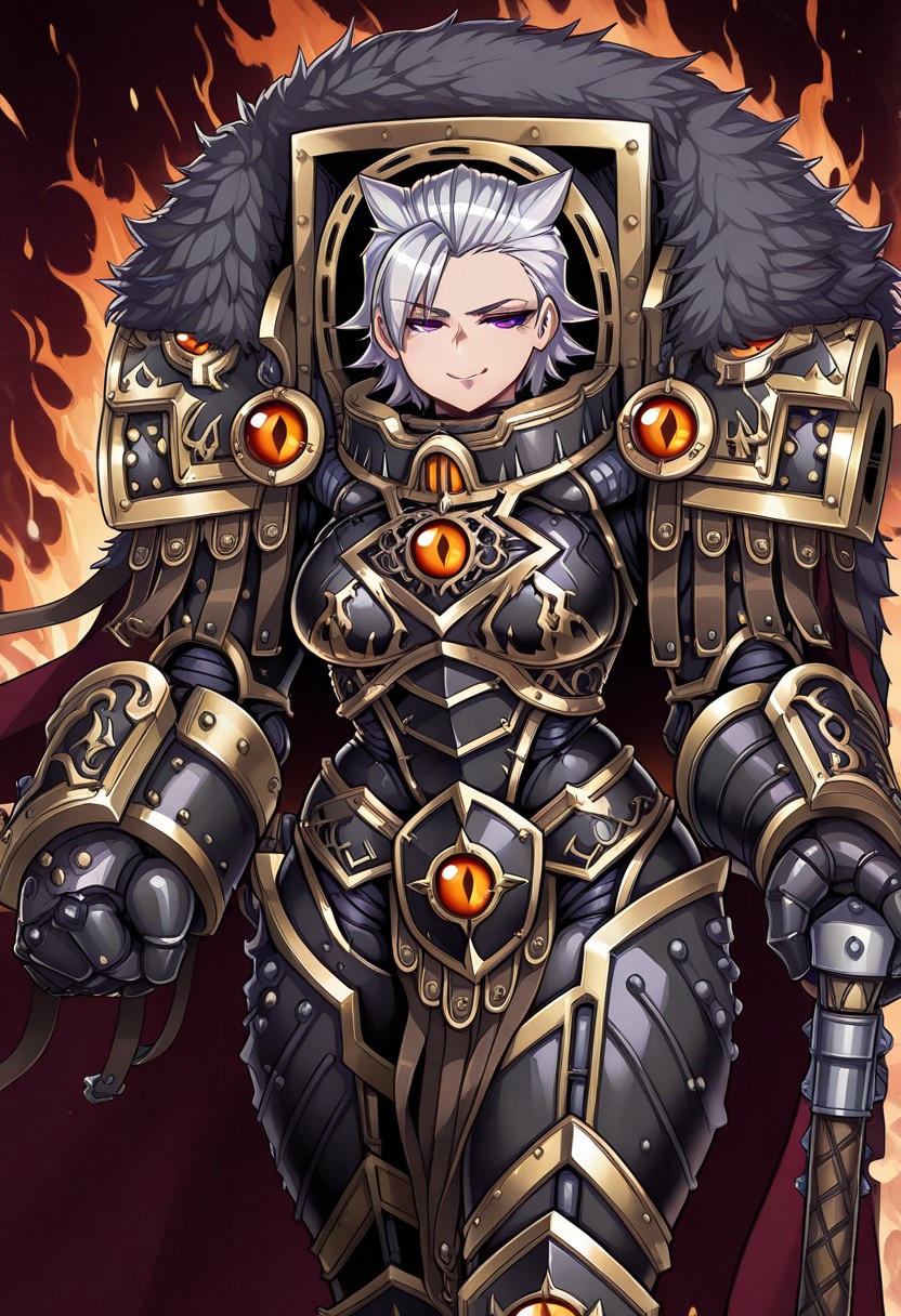 masterpiece, best quality, amazing quality, very aesthetic, absurdres, newest, FMIXF, 1girl, solo, IrisXL, white hair, short hair, hair slicked back, purple eyes, breasts, black armor, shoulder armor, gauntlets, cape, fur trim, closed mouth, smile, evil look, clenched fists, fire background