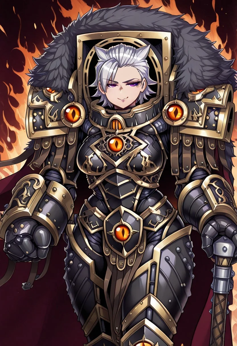 masterpiece, best quality, amazing quality, very aesthetic, absurdres, newest, FMIXF, 1girl, solo, IrisXL, white hair, short hair, hair slicked back, purple eyes, breasts, black armor, shoulder armor, gauntlets, cape, fur trim, closed mouth, smile, evil look, clenched fists, fire background