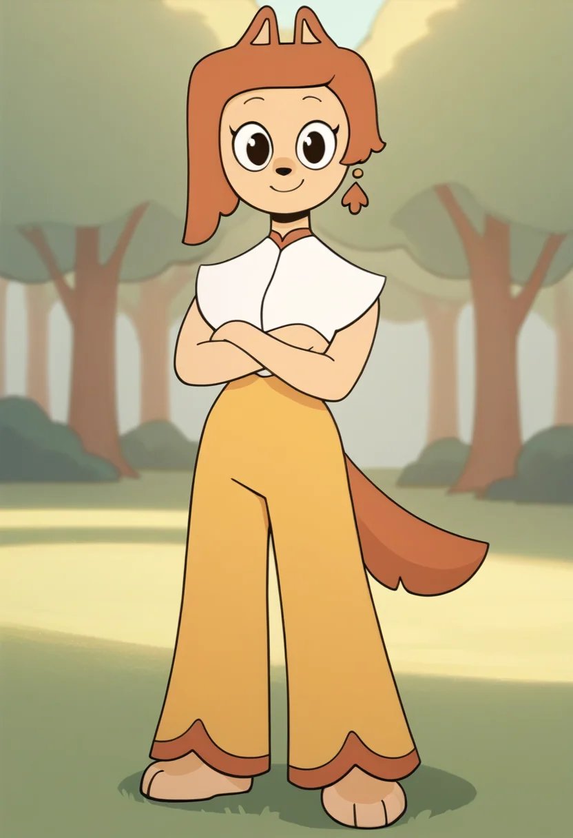 <lora:LalasMother_Kunshikter:1> score_9, score_8_up, score_7_up, source_furry BREAK, lalasmother_kunshikter, dog girl, furry female, 1girl, solo, black eyes, asymmetrical hair, outdoors, white shirt, yellow pants, standing, full body, tall female, smile, looking at viewer, crossed arms