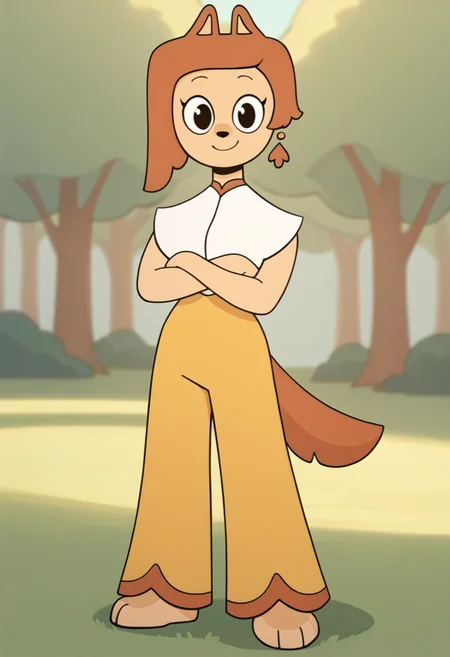 <lora:LalasMother_Kunshikter:1> score_9, score_8_up, score_7_up, source_furry BREAK, lalasmother_kunshikter, dog girl, furry female, 1girl, solo, black eyes, asymmetrical hair, outdoors, white shirt, yellow pants, standing, full body, tall female, smile, looking at viewer, crossed arms