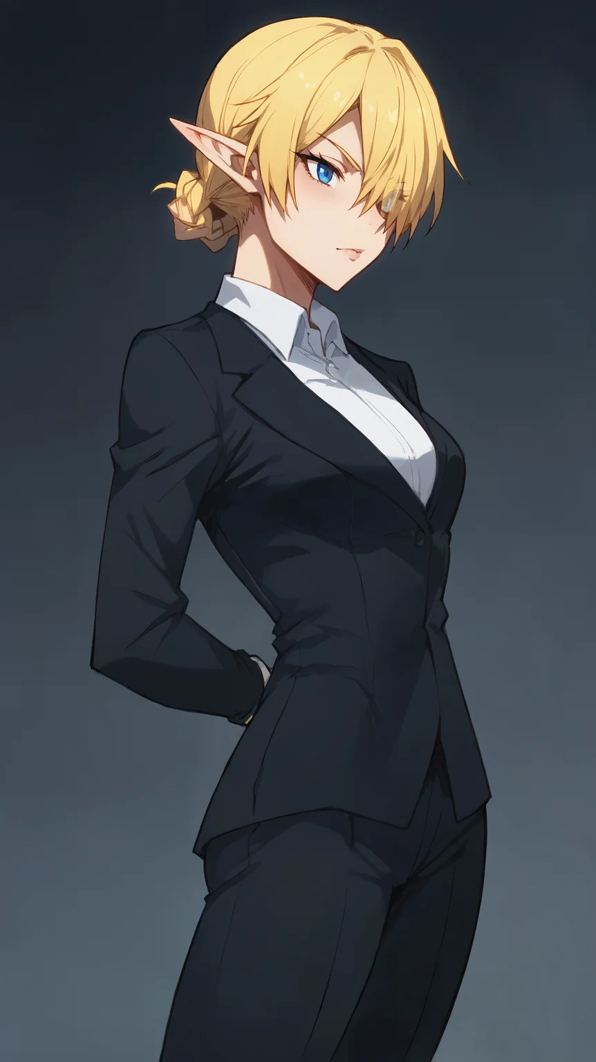 score_9,score_8_up,score_7_up,score_6_up, source_anime, girl, <lora:Frerry_epoch_15:0.7>, Frerry, dynamic pose, arms behind her back, <lora:Kagali - Pony:0.6> blonde hair, hair up, braids, pointy ears, elf ears, hair over one eye, blue eyes, white collared shirt, black suit, suit jacket, suit pants
