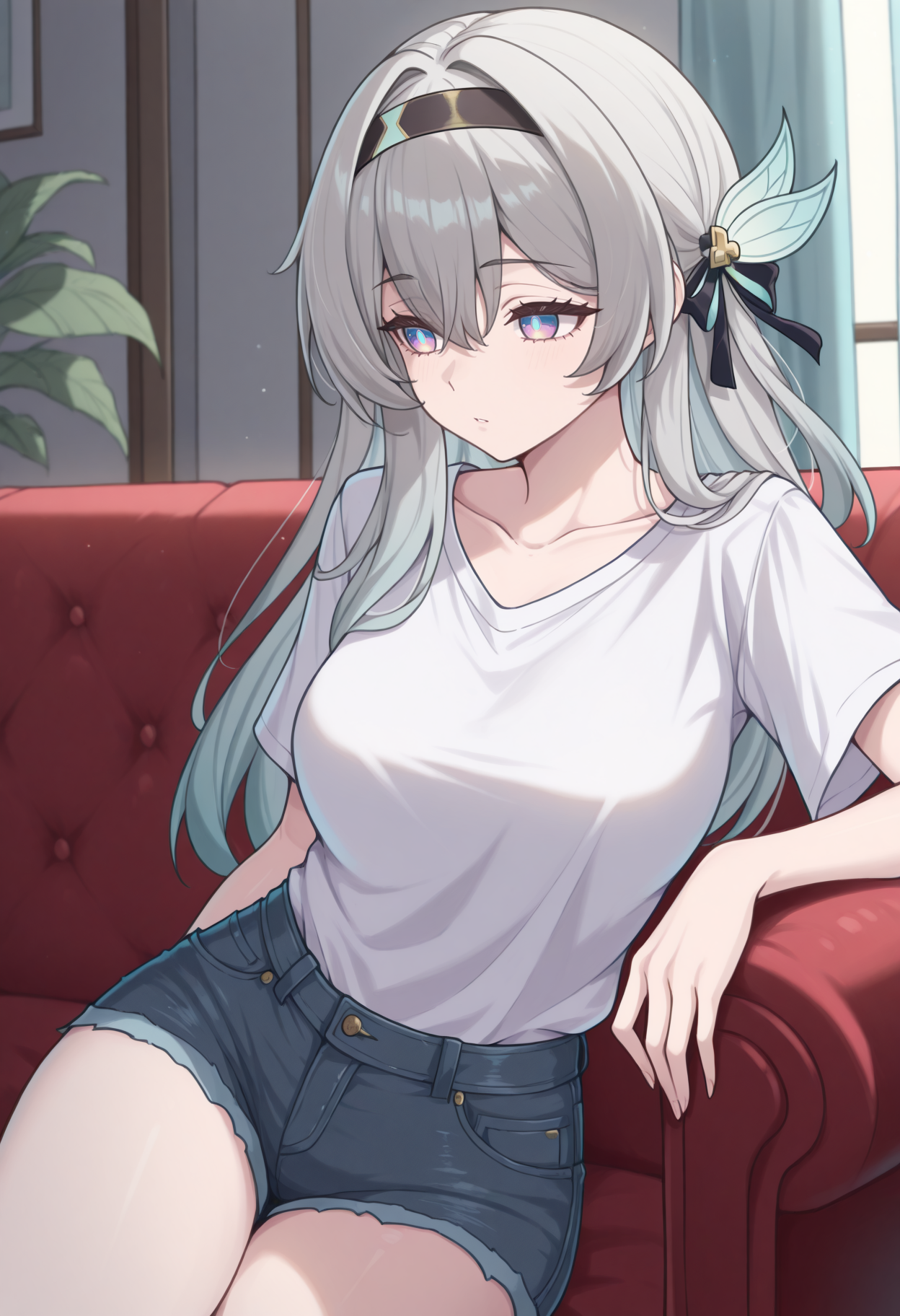 masterpiece, best quality, 1girl, solo, F1reflyHSR, blue pupils, purple eyes, blue eyes, grey hair, multicolored hair, long hair, black hairband, hair ornament, t-shirt, white shirt, collarbone, denim shorts, sitting, indoors, couch, lounging, arm rest, <lora:ChamFireflyIllustriousXL:1>