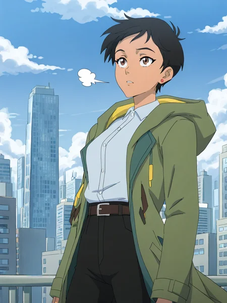 (masterpiece,best quality,newest,absurdres,highres),  L01sl4n3, 1girl, solo, short hair, black hair, brown eyes, white shirt, earrings, open clothes, collared shirt, belt, pants, hood, coat, black pants, skyscraper top, city, skyline, wind blowing, cloudy weather, looks into the distance  <lora:Lois_Lane_IllustriousXL:0.8>