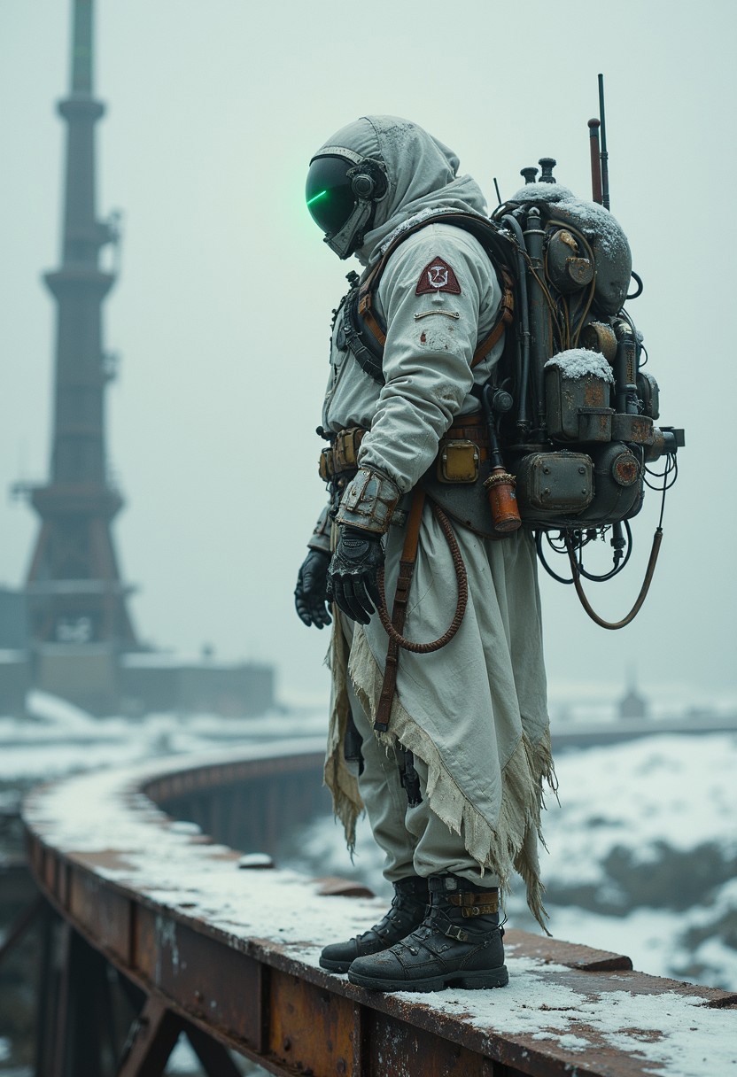 A lone figure stands on the rusted remnants of an abandoned bridge, the structure barely holding against the weight of time and decay. Clad in a bulky, white futuristic suit, their form is muscular and imposing, a relic of some forgotten military-industrial hybrid. Straps, belts, and pouches cling tightly to their body, while a heavy, scarred helmet obscures their face. A single glowing green light on the forehead of the visor pierces through the thick atmosphere, giving the figure a spectral, almost otherworldly appearance.
The massive, battle-worn backpack they carry bristles with cables, tubes, and a makeshift antenna, hinting at a life of constant survival and exploration. The pack, worn and weathered, tells a story of hardship and endurance. Beyond the figure, a vast, snow-covered wasteland stretches into the horizon, shrouded in an oppressive, overcast sky. Distant, crumbling structures dot the skyline, and a tall, partially collapsed tower looms like a forgotten sentinel. Snow and ice blanket the ground, and the metal beneath the figure’s feet is corroded, rust peeling away to reveal a past long forgotten.
The scene is hyper-detailed, capturing the weight of the world in every weathered fold of their tattered, outworn cape. Soft shadows and atmospheric haze lend a cinematic quality to the image, the kind of shot you might find in a National Geographic documentary on a dystopian future.