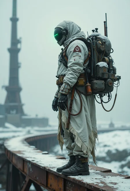 A lone figure stands on the rusted remnants of an abandoned bridge, the structure barely holding against the weight of time and decay. Clad in a bulky, white futuristic suit, their form is muscular and imposing, a relic of some forgotten military-industrial hybrid. Straps, belts, and pouches cling tightly to their body, while a heavy, scarred helmet obscures their face. A single glowing green light on the forehead of the visor pierces through the thick atmosphere, giving the figure a spectral, almost otherworldly appearance.
The massive, battle-worn backpack they carry bristles with cables, tubes, and a makeshift antenna, hinting at a life of constant survival and exploration. The pack, worn and weathered, tells a story of hardship and endurance. Beyond the figure, a vast, snow-covered wasteland stretches into the horizon, shrouded in an oppressive, overcast sky. Distant, crumbling structures dot the skyline, and a tall, partially collapsed tower looms like a forgotten sentinel. Snow and ice blanket the ground, and the metal beneath the figure’s feet is corroded, rust peeling away to reveal a past long forgotten.
The scene is hyper-detailed, capturing the weight of the world in every weathered fold of their tattered, outworn cape. Soft shadows and atmospheric haze lend a cinematic quality to the image, the kind of shot you might find in a National Geographic documentary on a dystopian future.