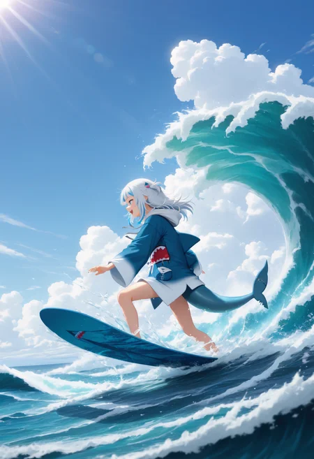 gawr gura \(1st costume\), ocean, wave, surfing, splashing, day, sunlight, cloud, from side, very awa, masterpiece, best quality, highres, absurdres