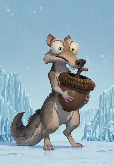 Masterpiece, absurdres, Scrat, solo, long snout, bushy tail, bulging eyes, holding a huge acorn, icy tundra background