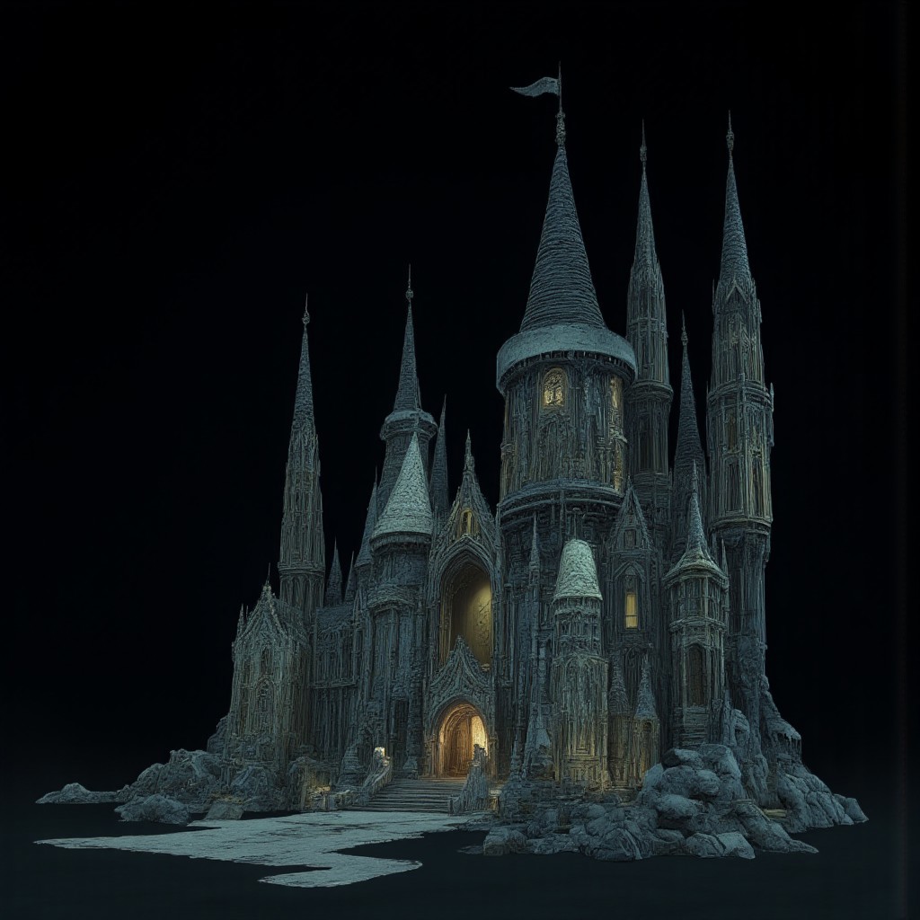 A Medieval castle with elderscrolls inspired aestetics and legend of zelda
Set against a solid dark black color background to emphasize its unsettling unnatural form that emphasizes its silhouette. The medium is not a traditional painting or illustrative medium like watercolor or ink but rather a digital 3D rendering.
MikeFranchinastyle, d4artstyle, d4concept, , bbstyle,, horror theme,, zbrush, ZBClay model of a gray sculpture, 1990's, 1990's style