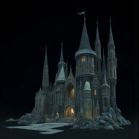 A Medieval castle with elderscrolls inspired aestetics and legend of zelda
Set against a solid dark black color background to emphasize its unsettling unnatural form that emphasizes its silhouette. The medium is not a traditional painting or illustrative medium like watercolor or ink but rather a digital 3D rendering.
MikeFranchinastyle, d4artstyle, d4concept, , bbstyle,, horror theme,, zbrush, ZBClay model of a gray sculpture, 1990's, 1990's style