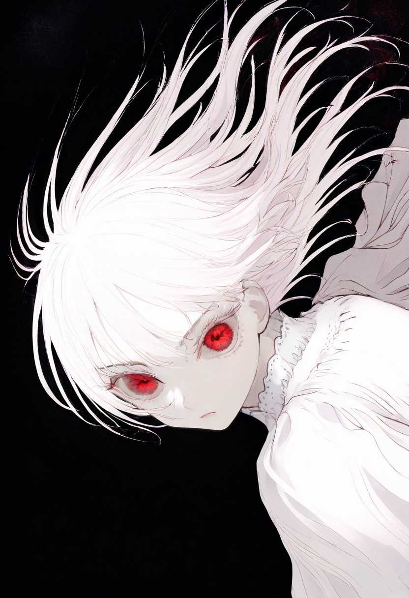 solo, looking at viewer, red eyes, black background, 1woman, long white hair, extremely pale skin, serious, all white blouse (pure white), masterpiece, best quality, very aesthetic, close up, intense look, absurdres
 <lora:monfornoob:0.95>
