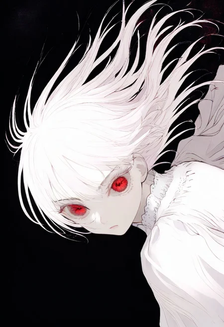 solo, looking at viewer, red eyes, black background, 1woman, long white hair, extremely pale skin, serious, all white blouse (pure white), masterpiece, best quality, very aesthetic, close up, intense look, absurdres
<lora:monfornoob:0.95>