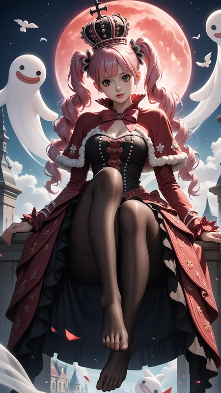 score_9,score_8_up,score_7_up,score_6_up,masterpiece,best quality,ultra-detailed,absurdres,Best Quality,beautiful,high res image,source_anime,hd BREAK looking at viewer,high definition,extreme detail,game cg,shiny skin,
1girl,solo,peronaoutfit,navel,full body,twintails,twin drills,black eyes,gothic,Pink Hair,black frilled strapless dress,black hat,black thigh-high socks,stockings,sitting,Dark Beauty,feet,
girl,wide hips,thick thighs,<lora:Pony_DetailV2.0:0.8>,(The background is a huge red moon:1.1),(night:1.1),<lora:PonyQuality_V3.3:0.5>,dynamic_angle,<lora:p3r0na14:0.9>,White ghosts floating around,medium_shot,<lora:dark_beauty:0.6>,foot_focus,
