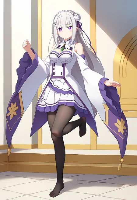 score_9, score_8_up, score_7_up, source_anime,
BREAK
<lora:shiPantyhoseV1:1>, shiblkhose,
black pantyhose, fine fabric emphasis,
1girl, solo, feet, toes, soles, tiptoes,
<lora:shiEmiliaV2:1> shimilia, long hair, grey hair, purple eyes, pointy ears, crown braid, hair flower, hair ribbon, purple ribbon, x hair ornament, white dress, cleavage, bare shoulders, wide sleeves,
looking at viewer, standing, standing on one leg,