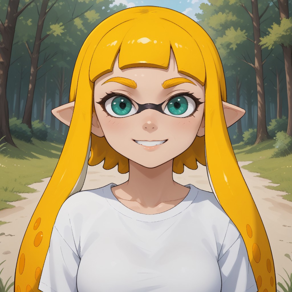 score_9, score_8, BREAK, solo, ssplatoon, inkling, female inkling, 1girl, tentacle hair, yellow hair, dark green eyes, cute, yellow eyebrows, white shirt, blue jeans, blue shoes, breasts, Bianca_(\OC_Inkling\), sexy pose, self portrait, smile, outdoors, sunlight, shadows, evening lighting, natural lighting, forest, trees, grass, orange sky, sunset