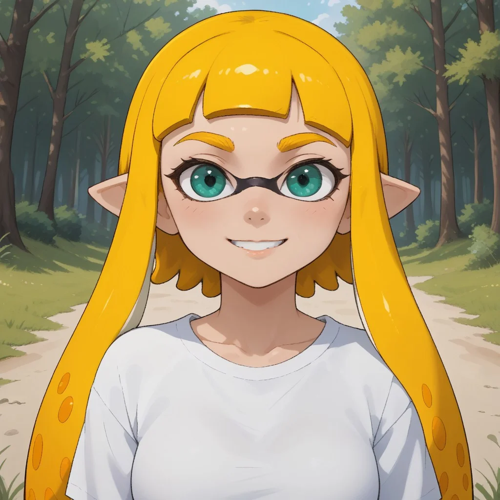 score_9, score_8, BREAK, solo, ssplatoon, inkling, female inkling, 1girl, tentacle hair, yellow hair, dark green eyes, cute, yellow eyebrows, white shirt, blue jeans, blue shoes, breasts, Bianca_(\OC_Inkling\), sexy pose, self portrait, smile, outdoors, sunlight, shadows, evening lighting, natural lighting, forest, trees, grass, orange sky, sunset