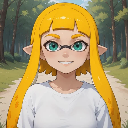 score_9, score_8, BREAK, solo, ssplatoon, inkling, female inkling, 1girl, tentacle hair, yellow hair, dark green eyes, cute, yellow eyebrows, white shirt, blue jeans, blue shoes, breasts, Bianca_(\OC_Inkling\), sexy pose, self portrait, smile, outdoors, sunlight, shadows, evening lighting, natural lighting, forest, trees, grass, orange sky, sunset