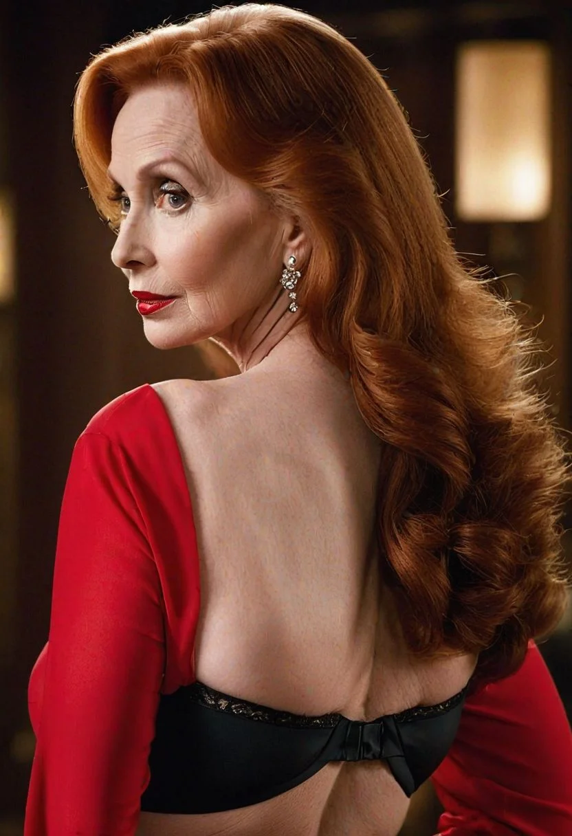 cinematic film still, ((professional photography)), ((masterpiece)), (((photorealism))), perfect focus, centered, rear view photo of beautiful, mature, long-haired, Katherine Helmond looking over her shoulder to camera, (wearing red open blouse and big black bra:1.3), (very well endowed:1.3), ((very long auburn hair:1.3)), natural skin, professional makeup, glossy lipstick, (soft, warm studio lighting:1.3), professional photography, Nikon 35mm lens, bokeh, diffused light