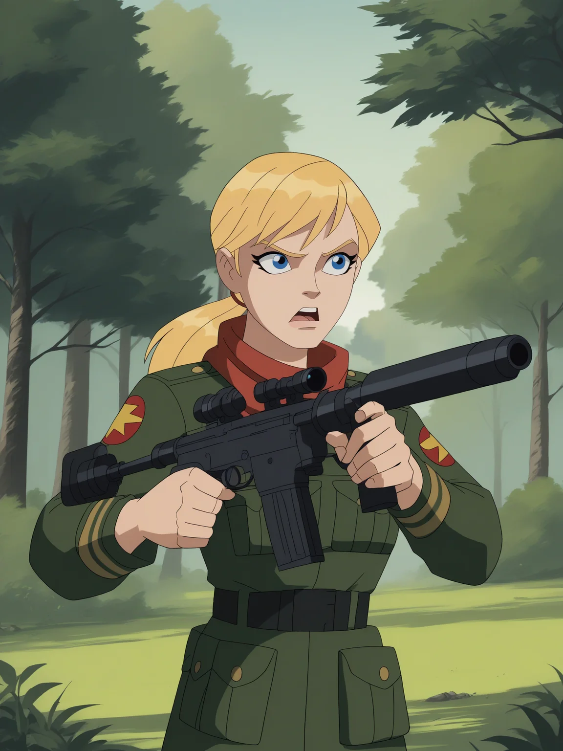 score_9, score_8_up, score_7_up, score_6_up, score_5_up,
1girl, blonde_hair, weapon, blue_eyes, rifle, gun, solo, sniper_rifle, scope, forest, nature, ponytail, aiming, open_mouth, military, tree, uniform, scarf, holding, holding_weapon, military_uniform, binoculars, parody, motor_vehicle, upper_body, ground_vehicle, outdoors, rocket_launcher, holding_gun, bolt_action, retro_artstyle
<lora:Avengers_EMH:1>