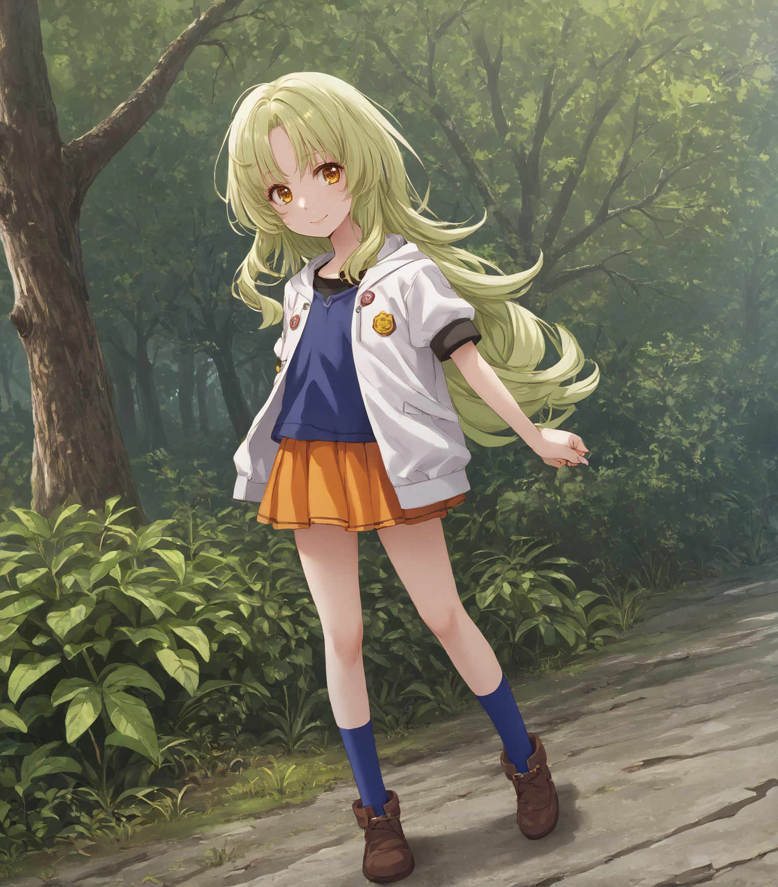 score_9, score_8_up, score_7_up, score_6_up, score_5_up, score_4_up, BREAK source_anime,
1girl, solo,  cowboy shot ,  looking at viewer, smile, outdoors, sky, trees,
<lora:pottsness_style_xl:0.7>, <lora:rhasta:0.6>, <lora:piromizu_2:0.6>, <lora:MeMaXL_V3:0.6>, 
 <lora:KeA:0.9>, KeA, green hair, long hair, yellow eyes, flat chest, white hoodie, open hoodie, badges, pins, blue shirt, orange skirt, blue socks, brown shoes,