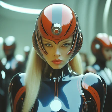 ArsMovieStill, A movie still from the year 3000s, The image shows a young woman wearing a futuristic helmet with a red and black design. The helmet has a large orange circle on the top and a small white logo on the side. The woman is wearing a black and red suit with a metallic finish. She has blonde hair and is looking off to the side with a serious expression on her face. In the background there are other people wearing similar suits and helmets suggesting that the image was taken in a futuristic setting. The overall mood of the image is intense and futuristic., realistic, helmet, blonde hair, 1girl, blurry, lips, solo focus, blurry background, blue eyes, long hair