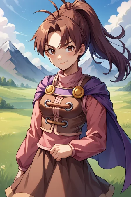 score_9, score_8_up, score_7_up, score_6_up, source_anime, BREAK 1girl, solo, <lora:gsjenna-pdxl-nvwls-v1-000005:1> gsJenna, brown hair, ponytail, antenna hair, purple cape, vest, pink shirt, long sleeves, brown skirt, boots, upper body, looking at you, smirk, blue sky, field, mountains