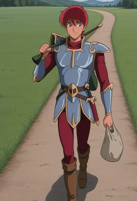 1boy, solo, adolysiova, red hair, blue eyes, armor, red shirt, vambraces, red pants, sheathed, boots, outdoors, grass, path, walking, holding bag over shoulder,, smile