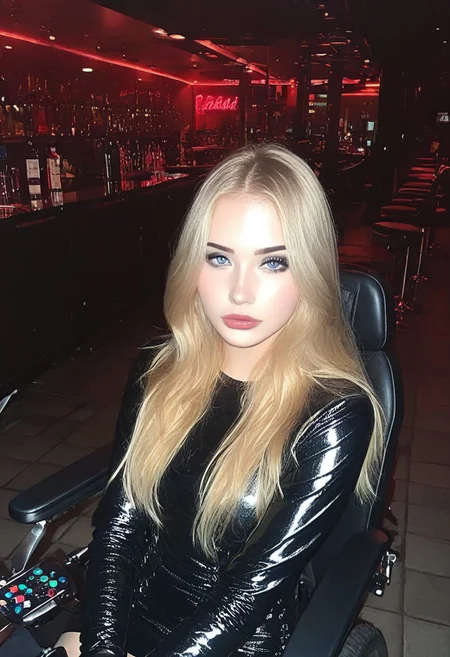 score_9, score_8_up, score_7_up, score_6_up, hyper-realistic, realism, realistic, real life, photorealistic, detailed, highest quality, masterpiece, paralyzed, rsgrl, russian girl, 1girl, igbaddie, (quadriplegia:1.5), (paralysis:1.5), wheelchair girl, sitting, (wheelchair:1.4), powered wheelchair, sitting in a wheelchair, long hair, looking at viewer, eyeliner, ((winged, black eyeliner)) lips, solo, blonde hair, blue eyes, slim, ((reflective skin)), black boots, high boots, realistic, closed mouth, nightclub, moscow, dark lighting,