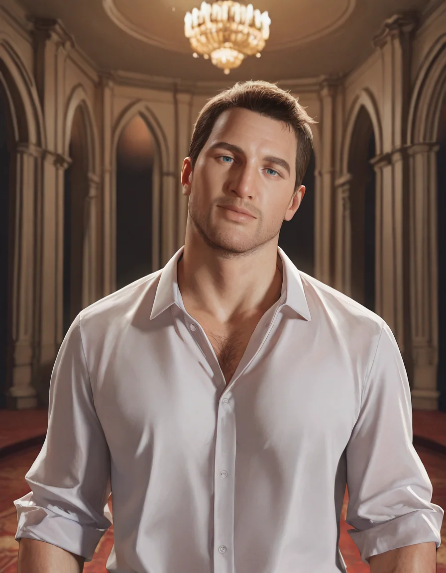 masterpiece, best quality, absurdres, newest, perfect quality, best quality, absolutely eye-catching, detailed background, intricate details, male focus, solo, realistic, <lora:Uncharted - Nathan - Illustrious-000006:0.8>, uncharteddrake, 1boy, mature male, very short hair, blue eyes, stubble, body hair, formal, white dress shirt, partially unbuttoned, sleeves rolled up, indoors, ballroom, head tilt, looking at viewer