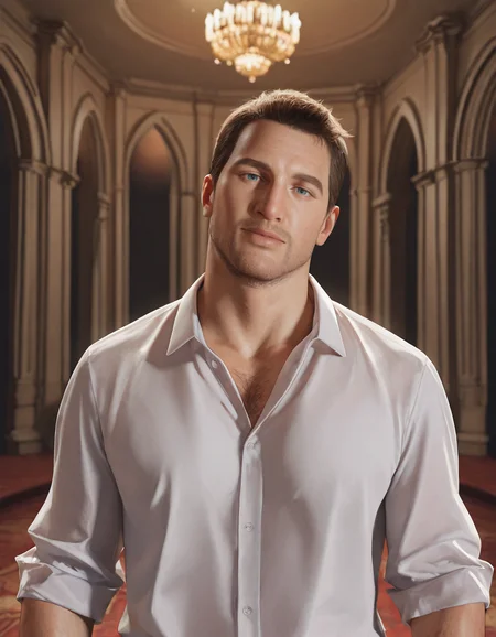 masterpiece, best quality, absurdres, newest, perfect quality, best quality, absolutely eye-catching, detailed background, intricate details, male focus, solo, realistic, <lora:Uncharted - Nathan - Illustrious-000006:0.8>, uncharteddrake, 1boy, mature male, very short hair, blue eyes, stubble, body hair, formal, white dress shirt, partially unbuttoned, sleeves rolled up, indoors, ballroom, head tilt, looking at viewer