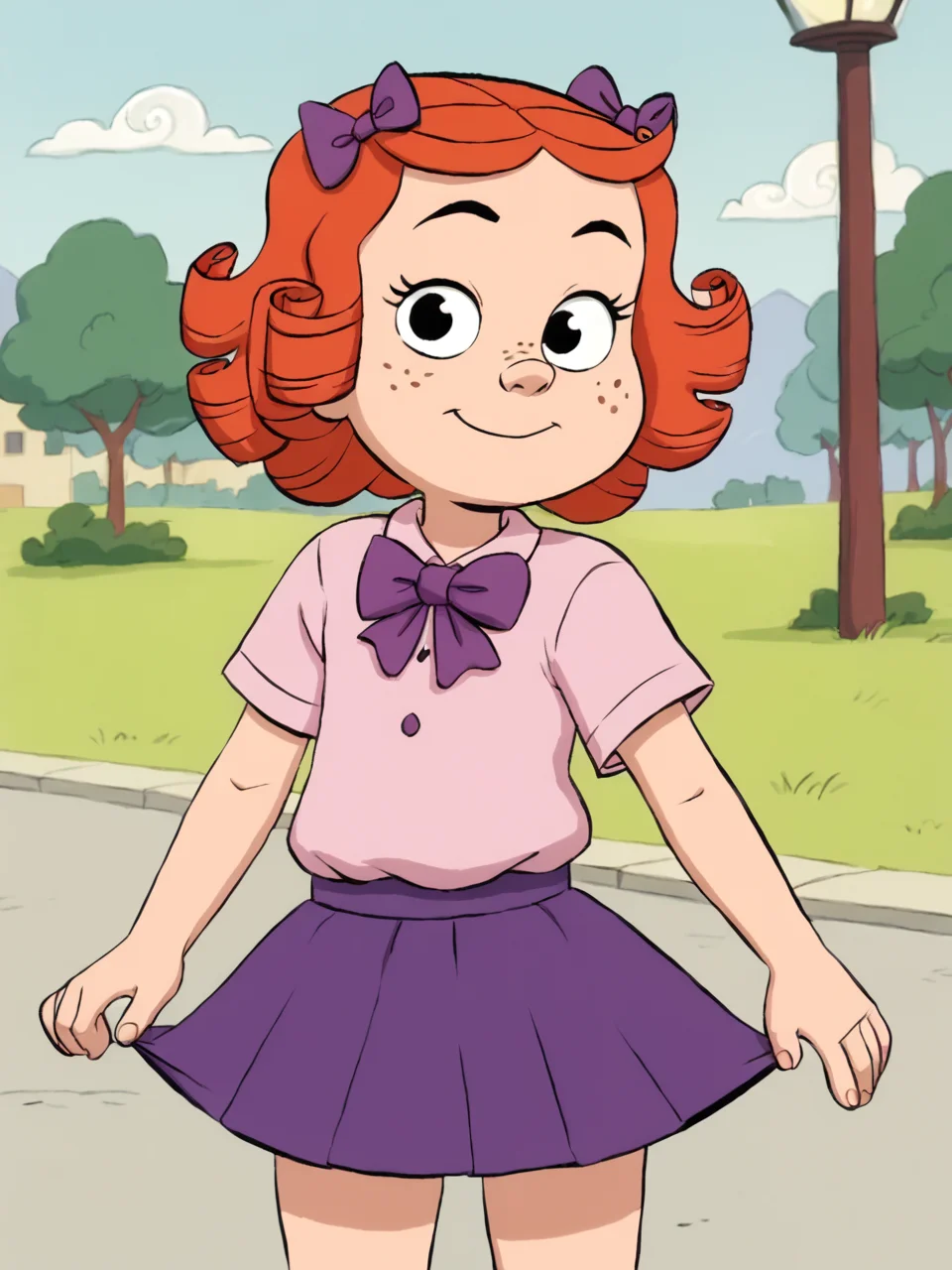 score_9, score_8_up, score_7_up, score_6_up, BREAK, M4rg4r3t, 1girl, solo, red hair, curly hair, freckles, purple bow, pink shirt, purple skirt, closed mouth, smile, looking at viewer <lora:Margaret_Wade_P:0.8>