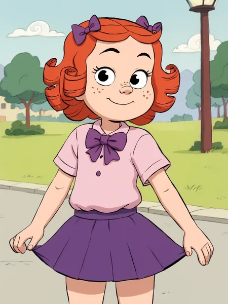 score_9, score_8_up, score_7_up, score_6_up, BREAK, M4rg4r3t, 1girl, solo, red hair, curly hair, freckles, purple bow, pink shirt, purple skirt, closed mouth, smile, looking at viewer <lora:Margaret_Wade_P:0.8>