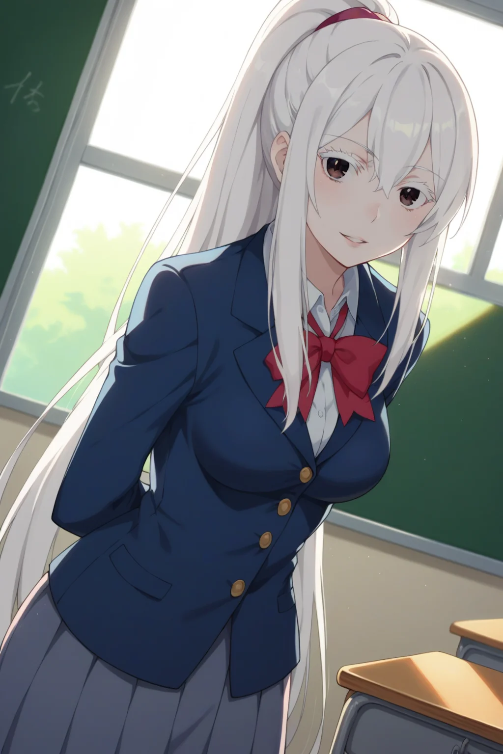 score_9, score_8_up, score_7_up, source_anime, 1girl, prefect lighting, very aesthetic, intricate details, highly detailed background, masterpiece, high quality, prefect hands, best quality, solo,
<lora:Echidna_ReZero_V1:.85>, KJOechidna, white hair, white eyelashes, thick eyelashes, hair between eyes, dark eyes, pale skin, very long hair,
school uniform, ponytail, 
cowboy shot, dutch angle, standing, seductive smile, parted lips, looking at viewer, leaning forward, arms behind back, 
classroom, windows, dawn,
(Beautiful, medium Breasts:1.2), natural breasts,
