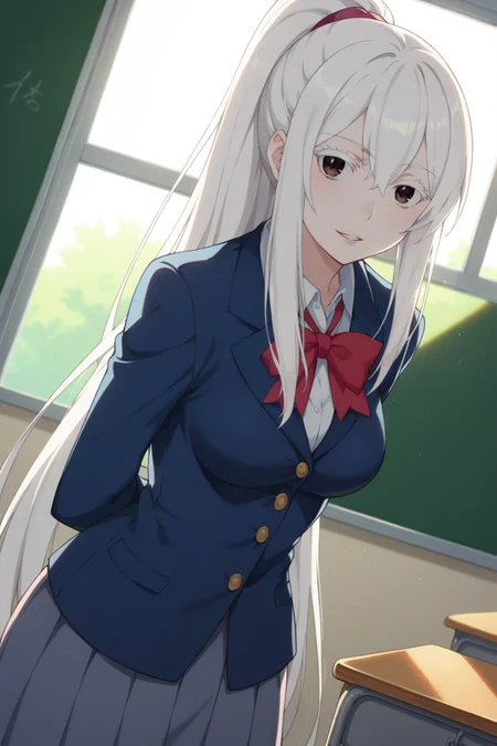 score_9, score_8_up, score_7_up, source_anime, 1girl, prefect lighting, very aesthetic, intricate details, highly detailed background, masterpiece, high quality, prefect hands, best quality, solo,
<lora:Echidna_ReZero_V1:.85>, KJOechidna, white hair, white eyelashes, thick eyelashes, hair between eyes, dark eyes, pale skin, very long hair,
school uniform, ponytail, 
cowboy shot, dutch angle, standing, seductive smile, parted lips, looking at viewer, leaning forward, arms behind back, 
classroom, windows, dawn,
(Beautiful, medium Breasts:1.2), natural breasts,
