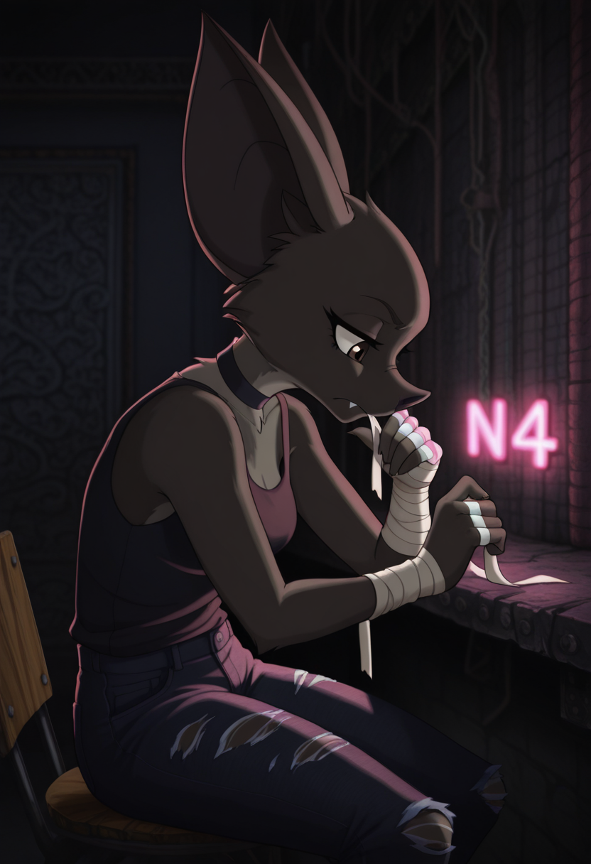 Graphic Design, cinematic lighting, color art, vibrant colors, colorful, intricate details, high contrast, detailed background, beautiful detailed, beautiful face, detailed eyes, detailed face, new, n41n4b4t, 1girl, solo, furry, bat (animal), bat ears, fangs, brown eyes, tank top, choker, ripped jeans, backstreet, neon lighting, cowboy shot, sitting, from side, night, dark, dynamic pose, bandage on hands, wrist wrap, wrapping wrists, bandage in mouth, serious face, looking down, (masterpiece, best quality, newest, recent, absurdres),