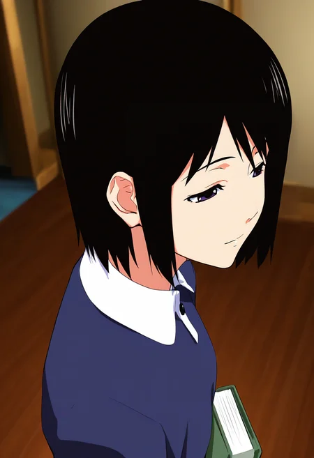 1girl, nakahara misaki, half closed eyes, looking away,
collared dress, standing, 
face focus, close-up shot, from side, pov, floor, foreshortening, 
book, indoors, blurry background,  
(nekobell:0.5),(bunsuirei:0.5),(pija:0.7),(happoubi jin:0.4),
(high_contrast, drop_shadow, chromatic_aberration, colorful:0.3),
sensitive,
masterpiece,best quality, very aesthetic, absurdres, newest 
<lora:Nakahara_Misaki:0.85>
