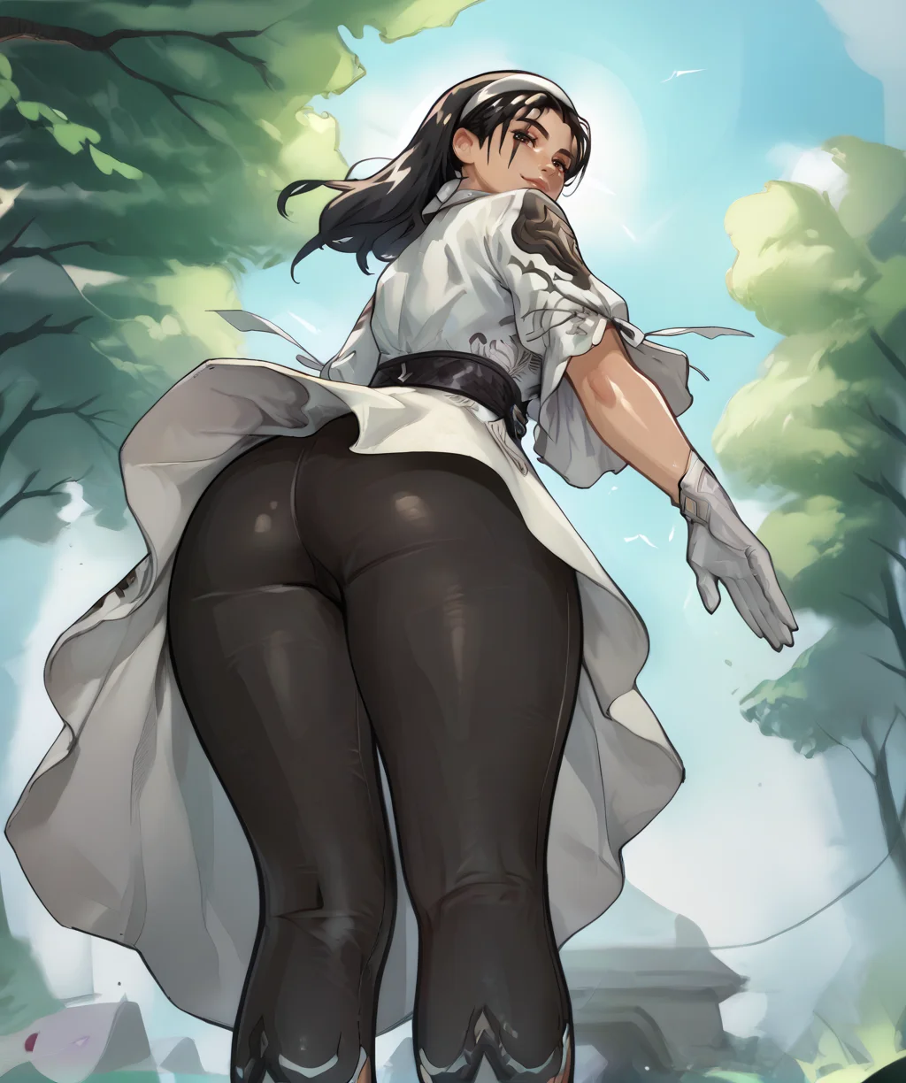 score_9, score_8_up, score_7_up, score_6_up, score_5_up, score_4_up, 
jnkzmt8xl, black hair, brown eyes,  leaning forward, 
hairband, white dress, light smile, 
looking at viewer, white gloves, from below, tight black pants, thighs, 
outdoors, spring, 
<lora:JunKazamaT8xl:1>,
