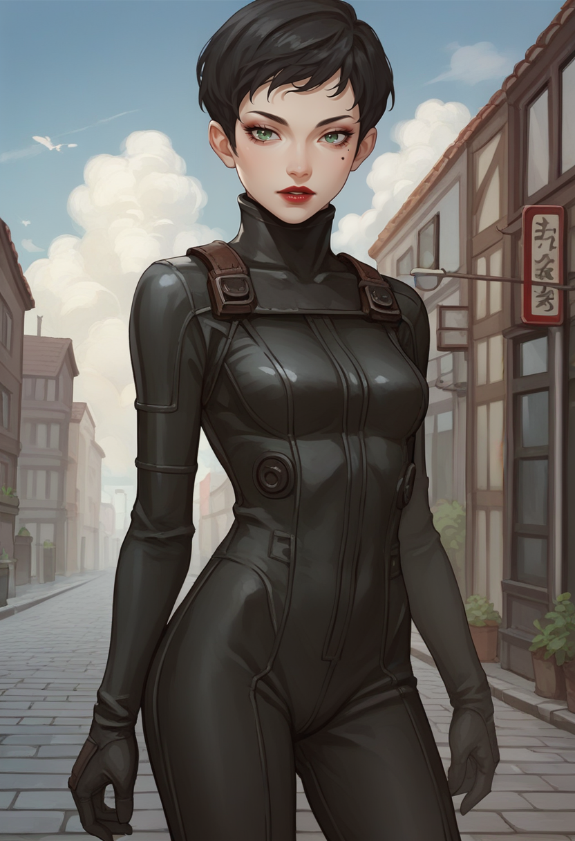 score_9, score_8_up, score_7_up, source_anime, 1girl, cowboy shot, <lora:zs_YurikoIVXL:1> yurikosmtiv, black hair, short hair, lipstick, mole under eye, makeup, green eyes, black bodysuit, sky, cloud, cobblestone