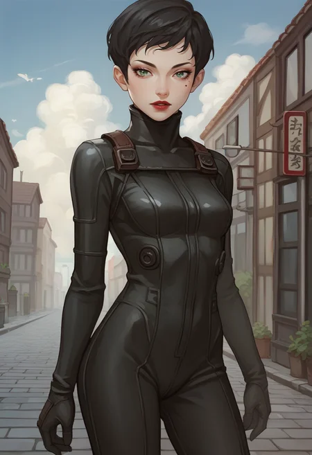 score_9, score_8_up, score_7_up, source_anime, 1girl, cowboy shot, <lora:zs_YurikoIVXL:1> yurikosmtiv, black hair, short hair, lipstick, mole under eye, makeup, green eyes, black bodysuit, sky, cloud, cobblestone