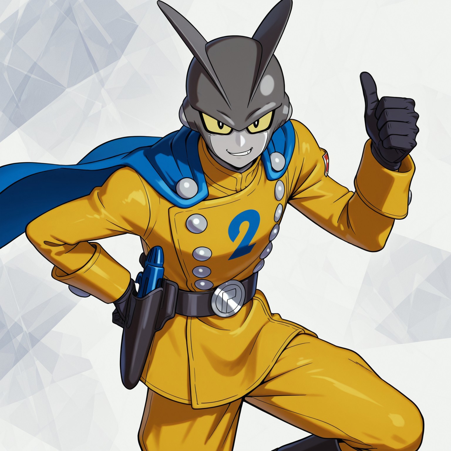 1boy, 2d, solo, DBSGamma2, male, android, humanoid, dark gray skin, light gray skin, two tone skin, yellow sclera, black pupils, two fins on head, Yellow uniform, yellow pants, long sleeves, black gloves, black boots, blue cape, gray buttons, belt, belt buckle, gun holster 

BREAK grinning, upper body focus, one hand on hip, giving a thumbs up, looking at viewer, confident expression, abstract background

BREAK best quality, amazing quality, very aesthetic, absurdres, newest, masterpiece, high quality, highres
