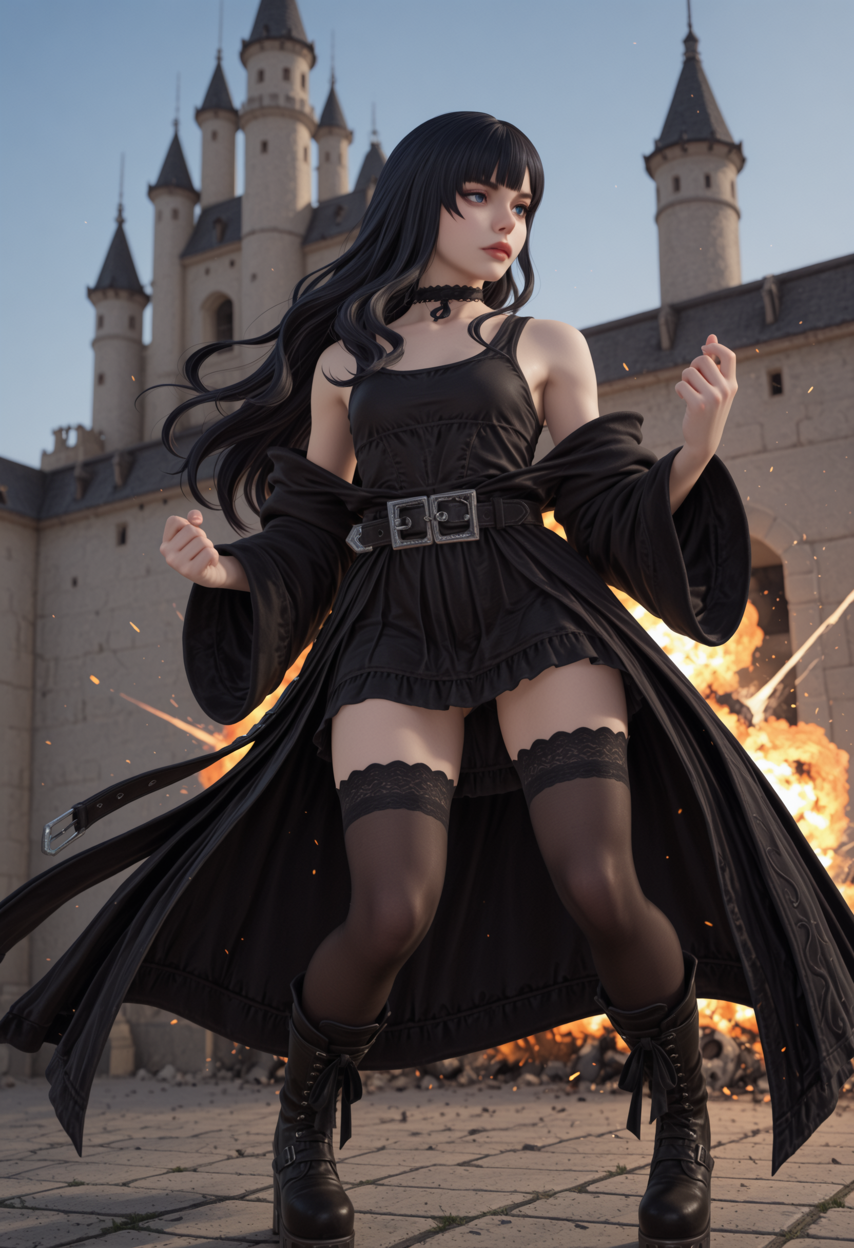 masterpiece, very awa, best quality, amazing quality, very aesthetic, absurdres, newest, intricate details,
<lora:cfg_scale_boost:.3>
fire, explosion, castle, fighting stance, 
 <lora:Gaia_XIV:1> gaia_xiv, blue eyes, lips, black hair, black dress, boots, choker, belt, black thighhighs, bare shoulders, off shoulder, detached sleeves, platform footwear,