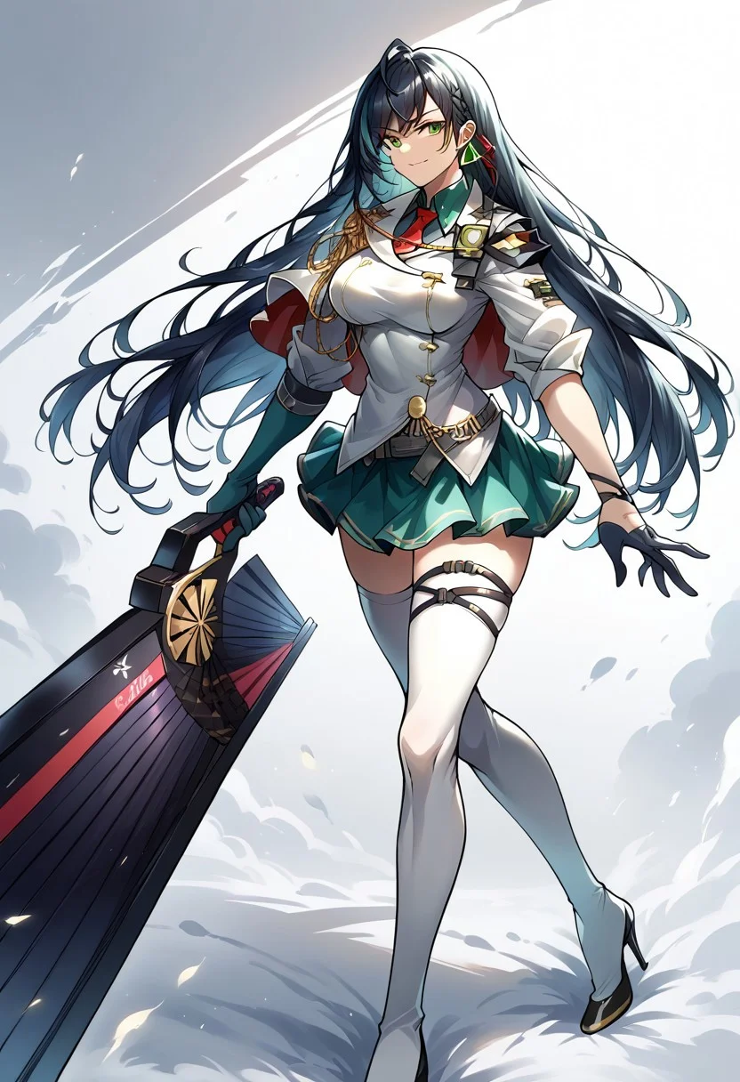 score_9, score_8_up, score_7_up, source_anime, good anatomy, 1girl, solo, LinToF, detailed face, beautiful face, dark green hair, long hair, green hair highlight, green eye, earing, red tie, red hair ribbon, green undershirt, white military unniform jacket, capelet, gold epaulette, asymmetrical green gloves, belt, straps, gold-trimmed green skirt, green skirt, miniskirt, white thighhighs, black high heels, standing, full body, smiling, giant combat fan, holding giant combat fan, folded out giant combat fan, fighting stance