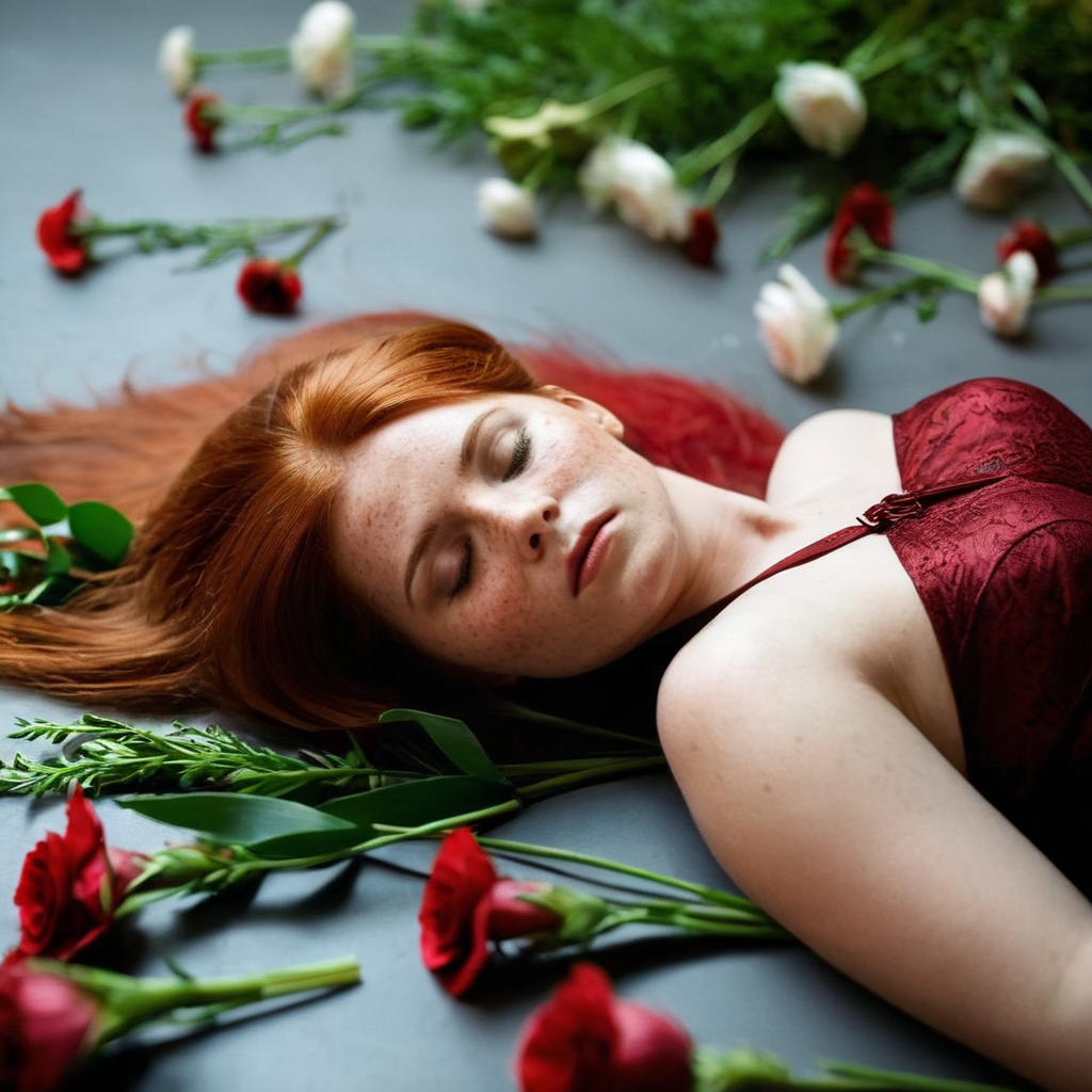 cinematic film still of  <lora:Kodak Motion Picture Film Style v4:1>
An Oscar winning movie for Best high angle from above Cinematography a closeup of a red hair woman with freckles on her face and a bunch of flowers in her hair laying down on ground floor while looking at camera Kodak Motion Picture Film Style, shallow depth of field, vignette, highly detailed, high budget, bokeh, cinemascope, moody, epic, gorgeous, film grain, grainy